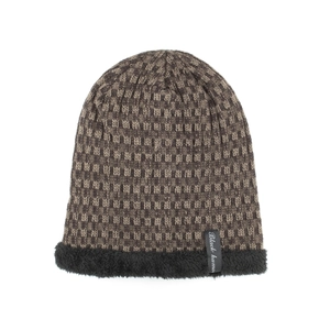 Winter knitted beanie with brown AB yarn pattern, warm fleece lining and black label