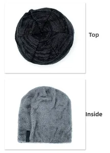 Detailed view of winter beanie showing knit texture and thick grey fleece inner lining