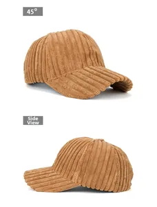 Detail view of khaki striped corduroy baseball cap at 45 degree and side angles