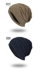 Detailed close-up showing texture of khaki and navy blue knitted thermal beanies
