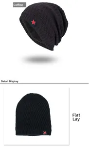 Detailed close-up of knitted winter beanie showing red star patch and soft fleece lining