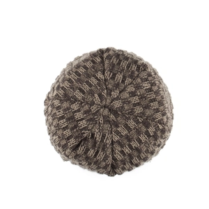 Top view of men's chunky knit beanie hat in dark brown mixed yarn with ribbed texture