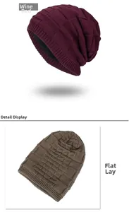 Detail of warm beanie featuring thick knit texture and soft black fleece lining for winter