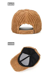 Detailed back and interior views of the brown corduroy baseball cap with black inner lining