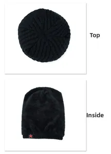Detailed macro view of the knitted cap showing the top spiral texture and warm fleece lining