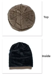 Detailed macro view showing thick knit outer layer and black warm fleece lining of the hat
