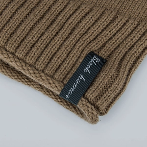 Brown ribbed knit beanie hat for men with warm thermal lining and black lettered label