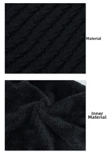 Detail of cable knit pattern and thick black fleece lining for winter thermal hat