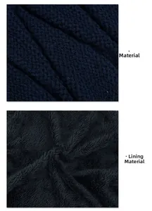 Close-up of winter knit hat featuring blue diamond weave texture and warm fleece lining