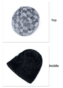 Detailed macro view of the knitted checkerboard pattern and warm fleece lining of the beanie