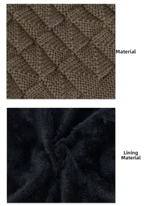 Detail of brown knitted exterior texture and thick black fleece lining for warmth