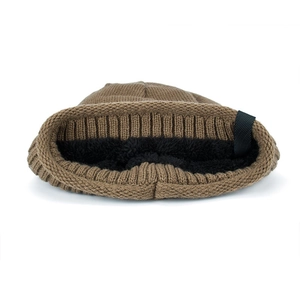 Winter knit beanie for men with thick warm fleece lining in dark brown textured fabric