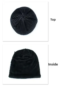 Detail view of winter beanie showing knit texture and warm fleece lining