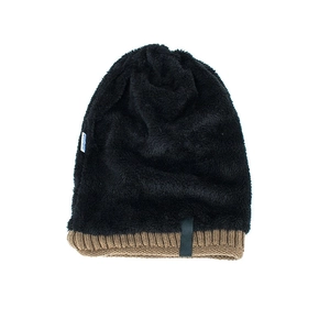 Brown knit beanie with black fleece lining and woven label, warm winter hat for men