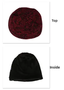 Close-up detail of winter knit beanie with warm fleece lining and textured red black yarn