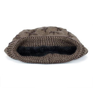 Winter fleece-lined knit beanie hat with star pattern in dark brown for outdoor warmth