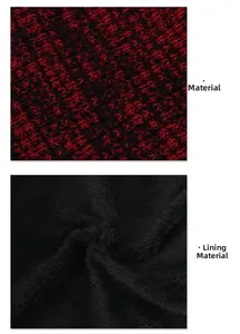 Detail view of red and black knit exterior fabric and thick black fleece lining material