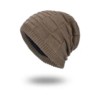 Men's Winter Knit Beanie Hat Warm Fleece Lined Thick Skull Cap Solid Color Grid Pattern Outdoor Trendy Knitted Headwear