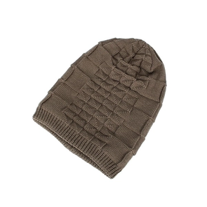 Winter dark brown knit beanie for men with thick thermal checkered pattern texture