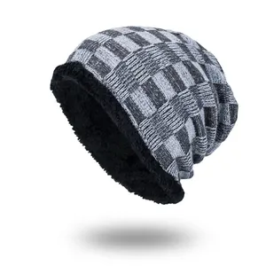 Men's Winter Knit Beanie Hat Checkerboard Pattern Fleece Lined Warm Thick Skull Cap Outdoor Casual Slouchy Beanie For Cold Weather