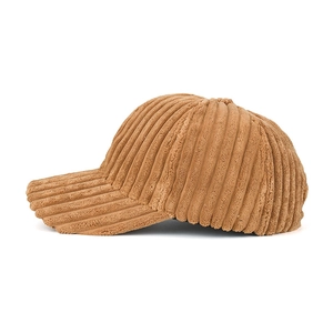 Brown striped corduroy baseball cap with structured panels and side view on white background