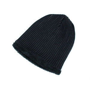 Men's winter knit beanie hat in black with warm fleece lining and vertical rib design