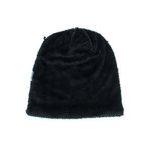 Winter thermal knit beanie in black fleece with contrasting vertical stripes