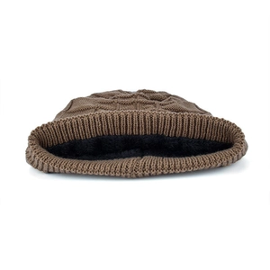Winter knitted beanie in dark brown with warm fleece lining and cable knit texture