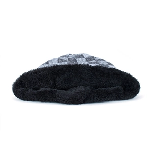 Winter thermal knit beanie hat with gray checkerboard pattern and plush fleece lining