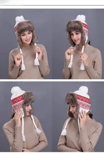 Multiple views of a winter knit trapper hat with white faux fur lining and red patterns