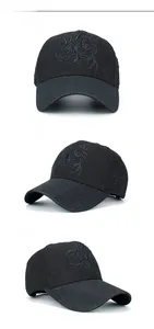 Detailed multi-angle views of black cotton baseball cap with embroidered dragon motif