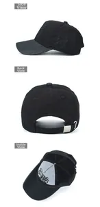 Close-up of black cotton baseball cap featuring 3D embroidery and metal adjustment buckle