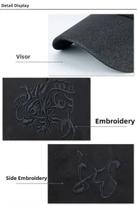 Macro detail of high-density black 3D dragon embroidery on cotton twill baseball cap