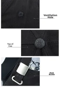 Detail view of cotton baseball cap showing embroidery eyelets and adjustable metal buckle