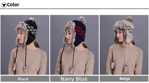 Winter earflap hats in black, navy and beige featuring snowflake patterns and pom-poms