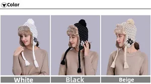 Winter trapper hats in white, black and beige with snowflake patterns and pom-poms