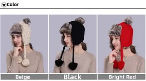 Detailed comparison of knitted earflap hats with faux fur pom-poms in beige, black and red