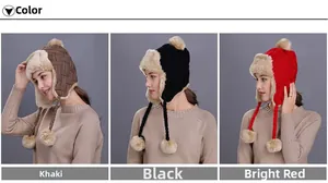 Detail view of winter knitted trapper hats with faux fur lining and plush pom poms