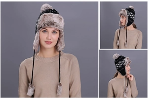 Winter knit trapper hat with Union Jack pattern and faux fur trim for warmth