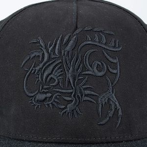 Black cotton baseball cap with 3D dragon embroidery on crown, minimalist outdoor sun hat
