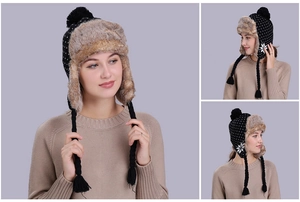 Detail of snowflake pattern and plush faux fur lining on winter knitted trapper hat