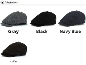 Vertical striped wool knit newsboy caps in grey, black, navy blue and coffee colors