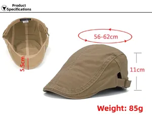 Detail view of khaki cotton flat cap with metal adjustment buckle and size specs