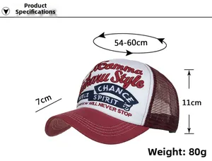 Detail view of red and white mesh trucker hat with 3D embroidery and dimensions