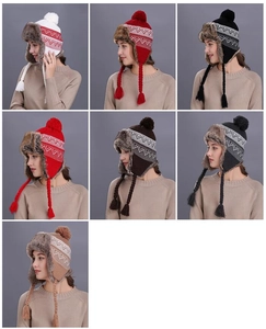 Knitted winter trapper hat with snowflake patterns and faux fur lining in multiple colors