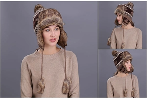 Detail der Wintermütze mit Ahornblatt-Strickmuster und Kunstfellfutter für Damen