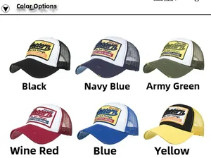 Multiple colors of vintage trucker hats with mesh back and embroidered letter patches