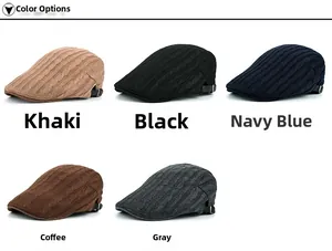 Detail of cable knit newsboy caps in five colors with metal adjustable back straps