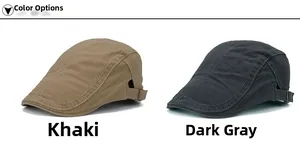 Detail view of khaki and grey cotton canvas flat caps with adjustable metal buckles