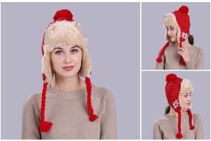 Detailed views of red snowflake knit trapper hat with pom-pom and plush lining